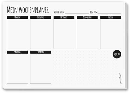 Wochen-Kalender Mein Wochen-Planer schlicht I DIN A5 I Notiz-Block Wochenplan Organizer I zum Abreißen in schwarz weiß I dv347