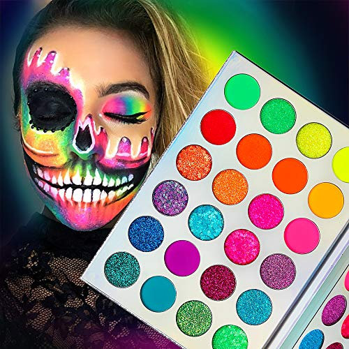 Palette Fards à Paupières Glow in Dark-Neon Luminous Glitter 24 Couleurs,Afflano Pigmented UV Glow Blacklight Fluorescent Glitter Ombre à Paupières Maquillage,Festival/Halloween/Noël Eyeshadow Palette