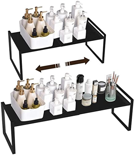 KZOBYD Extendable Kitchen Cupboard Shelf Organiser Adjustable Pantry Storage Unit Practical Cabinet Storage Shelf Stand Spice Rack Multi-Function Space Saver for Counter-Tops (Black, M)