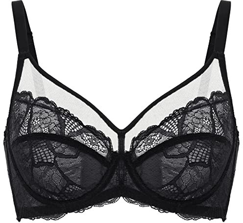 DOBREVA Women's Lace Full Coverage Minimiser Bra Unlined Underwire See Through Plus Size Bra Black 34F