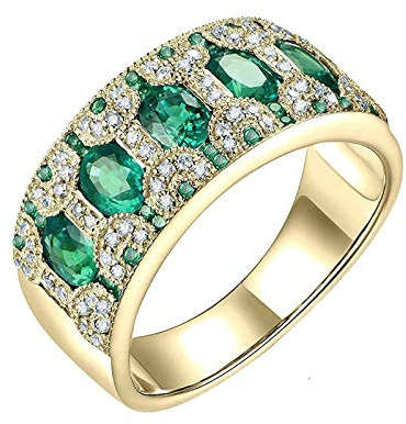 Bishilin Ringe für Damen 585, Bandring mit 1.58ct Smaragd Eheringe Gold Hochzeit Ringe Diamant Echt Große 54 (17.2)