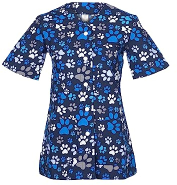 DINOZAVR Carla Uniforme Medica - Medico Casacca da Donna con Bottoni a Pressione - Blu/Zampe 2XL