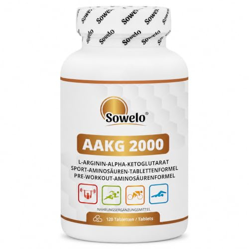 AAKG 2000 mg – L-Arginin Alpha-Ketoglutarat – 120 Tabletten (60 Portionen) | Beliebt im Pre-Workout-Bereich für aktive Menschen, Kraft & Ausdauer – Reine Formel, EU-Herstellung – Sowelo