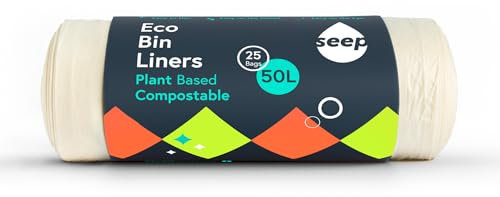Seep Compostable 25 x 50 Litre Bin Bags- Eco Friendly Bin Liners - Large Kitchen BinBags - 50L Biodegradable Clear Bags - 1 Roll