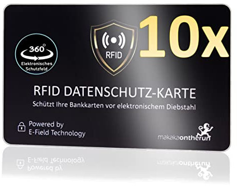 MakakaOnTheRun 10 STK DEKRA + EMV gepr. RFID Blocker Karte 360° RFID Schutz Störsender Elektronik - NFC Blocker Karte - Schutzkarte für Geldbörse groß - Schutzkarte gegen Datenklau