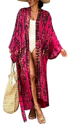 L-Peach Stort damnattlinne, långa myskläder, kimono, kofta, strandklänning, bikini, täckande överdel, C Rosa, en storlek