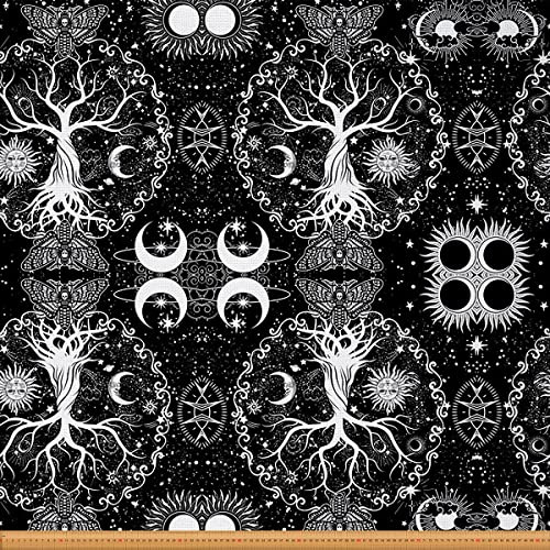 Sonne und Mond Stoff Meterware Baum des Lebens Dekorationsstoff Gothic Motte Möbelstoff Zuckerschädel Trippy Glitzersterne Stoff böhmische Sternbilder 92 x 150 (HxB) schwarz weiß