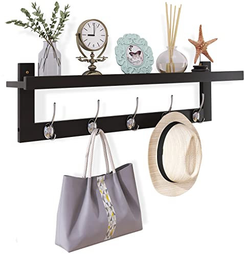 SMIBUY Kleiderhaken mit Regal Wandmontage, 74 cm Eingangsbereich Garderobe für Wand, Bambus-Hängeregal mit 5 Doppel-Metallhaken für Badezimmer, Schlafzimmer, Küche, Wohnzimmer (Schwarz+Silbrig)