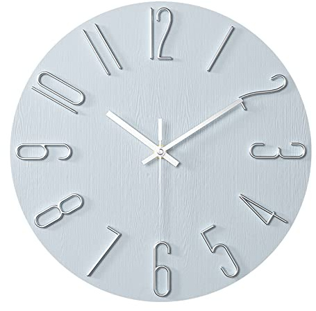 ALEENFOON 12 Inch Round Non-ticking Wall Clock, 3D Large Number Modern Quartz Silent Frameless Ultra Thin Wood Grain Wall Clocks for Home Living Room Office Kitchen School (Silver)