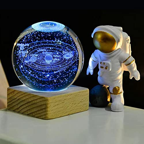 Liamostee 3D Saturno Sfera di Cristallo Luce di Notte per Bambini Palla di Vetro Lampada da Notte con Base in Legno Fantasia Decor Crsytal Ball(Sun)