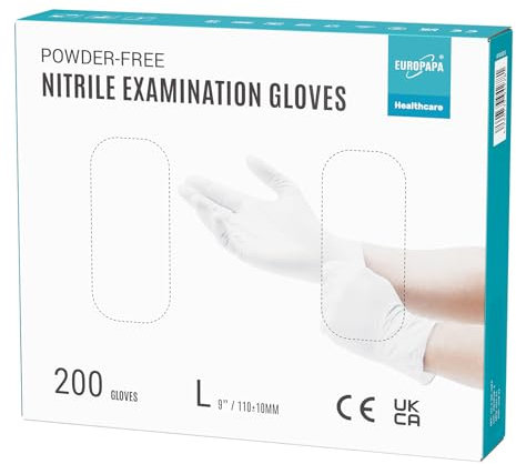 EUROPAPA® 200x Einweghandschuhe Nitrilhandschuhe puderfrei Untersuchungshandschuhe EN455 EN374 latexfrei Einmalhandschuhe Handschuhe in Gr. S, M, L & XL verfügbar (L, Weiß)