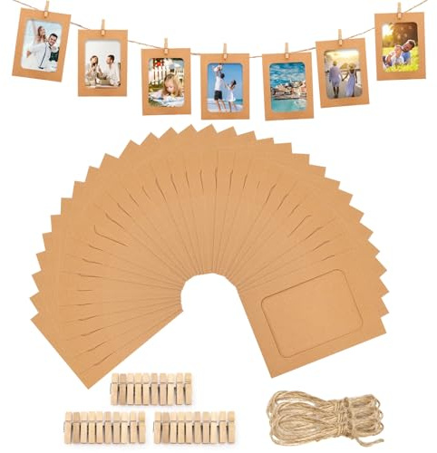 Anwyll 30Pcs Paper Picture Frames - 4x6'' Kraft Paper Photo Frames Cardboard Picture Frames with Clip and String DIY Clip Photo Holders Photo Hanging Display Kit Wall Decoration for Home Party Office