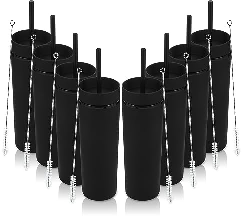 Volhoply 480ml Kunststoff Skinny Becher Mit Deckel und Strohhalm Bulk 8 Pack, Isoliert Doppelwand Bpa Frei Matt Acryl Becher, Eiskaffee Reisebecher Party Cup, Diy Geschenke(Schwarz,8 Set)