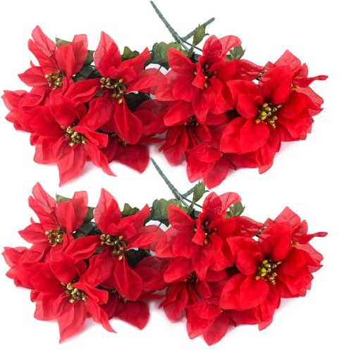 AWAVM Cespugli di stelle di Natale artificiali, confezione da 4 6 teste – Tessuto di seta Natale rosso cespugli di stella di Natale, fiori finti per Natale, 35 cm (rosso)
