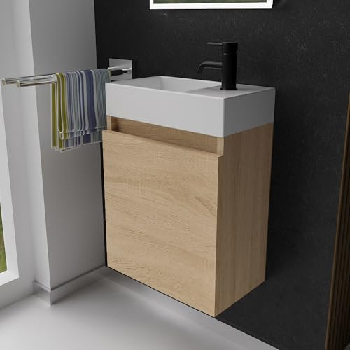Alpenberger Waschbecken mit Unterschrank 45 cm | Badezimmermöbel Set | Kleines Waschbecken Gäste WC | Waschtisch Set | Unterschrank Bad Waschbeckenunterschrank Eiche Hell