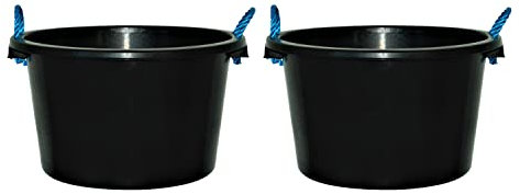 (Set of 2) 70L Litre Black Heavy Duty Multipurpose Plastic Tub Bucket Planter With Rope Handles Muck Bucket Open-Top Storage Round Utility Tub for Indoor or Outdoor Home Garden (Made In UK)