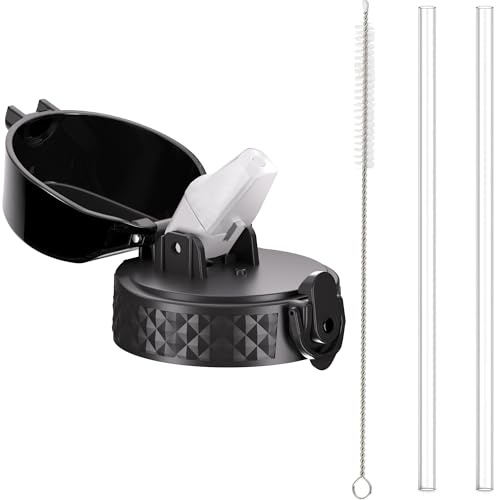 GOPPUS Large Straw Lid (Includes Straw+Straw Brush), ONLY FITS Bottles: 420ml/14oz, 550ml/18oz, 1000ml/32oz, 1200ml/40oz, Straw Lid with Dust Cover, One-Hand Open Lid (Black)