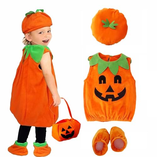 DXIA Costume da Zucca Neonato con Cappello, Vestiti, Scarpe e Borsetta, Arancione Costume di Halloween, Taglia S 35 cm di lunghezza