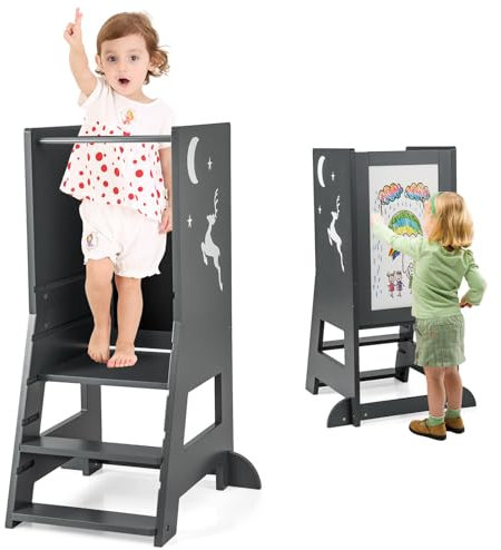 DREAMADE 2-in-1 Lernturm mit Tafel, Höhenverstellbarer Tritthocker aus Holz, Kinder Kreidetafel mit 3 Bunten Marker, Kinderlernturm ab 1 Jahr, belastbar bis 70kg (Grau)