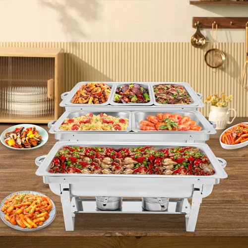 Mermajestic Chafing Dish Edelstahl 9L, DREI Größen Fach Futterschale, Buffet-Set Warmhaltebehälter, 410 Edelstahl Speisenwärmer, Herausnehmbaren Buffetwärmer für Catering und Buffet (2 Futterschalen)
