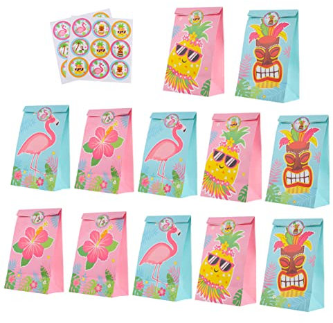 COLLBATH 12stücke Hawaii-themen Geschenktüten Mit Flamingo-muster Für Geburtstage Hochzeiten Und Partys Leichte Stabile Papiertüten Für Süßigkeiten Und Kleine