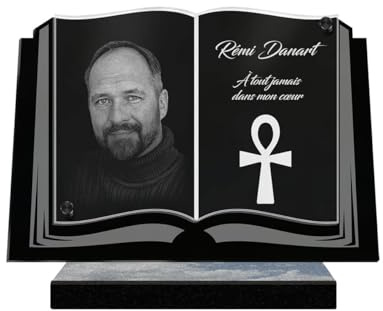 Eternel - Placa Funeraria Personalizada Libro Cruz Egipcia Foto y Texto Personalizable, Placa funeraria grabada con láser para Homenaje, lápida, mortuoria, luto, entierro