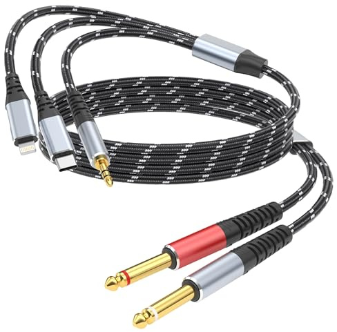 DCNETWORK Lightning auf Dual 6,35mm TS Y-Audiokabel, 3-in-1 zu 2× 1/4 Zoll Mono-Splitter für iPhone, iPad, Smartphone, Computer, Verstärker, Lautsprecher, Kopfhörer, Mischpulte, 1M