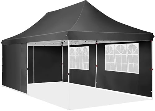 Pop-Up-Pavillon mit Seiten und Sonnenschutz, höhenverstellbar, Partyzelt für Hochzeit, Geschäft und Picknick, schwarz, Outdoor-Event-Unterschlupf mit UV-Schutz und wasserdichtem Baldachin, 3 x 6 m