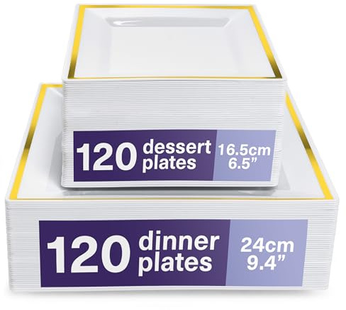 MATANA 240 Premium White Square Plastic Plates With Gold Rim - 120 24cm Dinner, 120 16.5cm Dessert - Elegant & Reusable for Weddings, Birthdays, BBQ, Parties