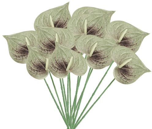 PATIKIL Flores artificiales de lirio de anturio de 13 pulgadas, paquete de 10 arreglos florales permanentes para decoración del hogar, boda, festival, fiesta, gris y verde