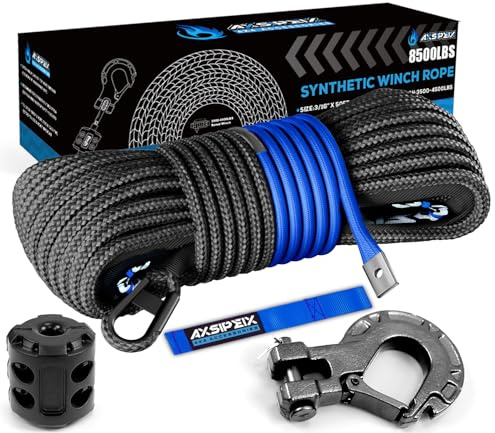 Synthetic Winch Rope Kit, 3/16 x 50ft 8500LBS Blue+Black Winch Cable with Protective Sleeve, Forged Winch Hook, Rubber Stopper and Safety Pull Strap for ATV UTV