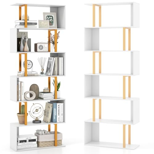 HOMASIS Stehendes Bücherregal mit 6 Ebenen, S-Form Standregal aus Holz & Metall, Aufbewahrungsregal Wandregal Raumteilerregal für Arbeits-, Wohnzimmer, Büro, belastbar 120kg, 70x24x189cm, Weiß+Golden