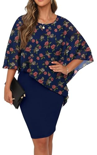QIXING Womens Summer Casual Dress Loose Batwing Sleeve Crew Neck Chiffon Cape Elegant Midi Cocktail Pencil Dresses for Women UK for Funeral Party Wedding