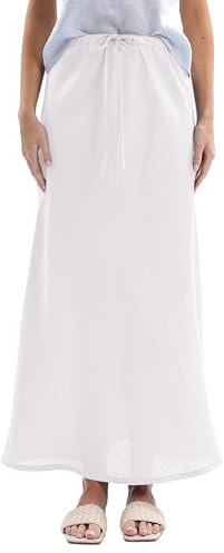 Amazhiyu Women 100% Linen Maxi Skirt-Casual A-Line Elastic Drawstring Skirt White S
