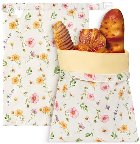 GQIRIL Reusable Beeswax Bread Bags - 2 Pack Bees Wax Food Bag, Homemade Sourdough Bread Storage, 2-in-1 Linen Cotton Large Freezer Container Home Baking Accessories with Lining (Watercolor Flowers)