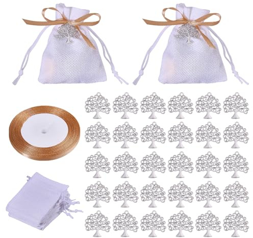 CHGCRAFT 30 Pz Ciondolo dell'albero della vita e 30 pezzi di sacchetti regalo con coulisse per bomboniere Charms per piante in argento antico per compleanni e anniversari
