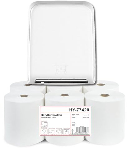 Autocut Handtuchrollenspender weiß matt + Handtuchrolle 20 cm, 1-lagig, 304 m, Zellstoff weiß ideal für öffentliche Sanitärräume, Gastronomie & Büros