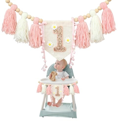 GlamRays Boho 1-årsjubileums högtidsfanbänk - Festdekoration för flicka - Väggdekoration för barnrum (med rosa och vit margaritmönster)