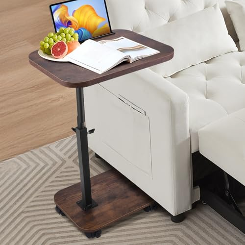 Strixorn Tavolo a C con altezza regolabile con piatto girevole a 360° e 4 ruote, tavolo girevole per divano, letto e piccoli spazi - Tavolo ausiliare mobile con freni di stazionamento (noce)