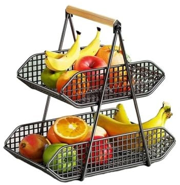 Frutero Cesta de Frutas de 2 Niveles con asa de Madera for Verduras y Frutas Cesta de Frutas(Negro,Pequeño)