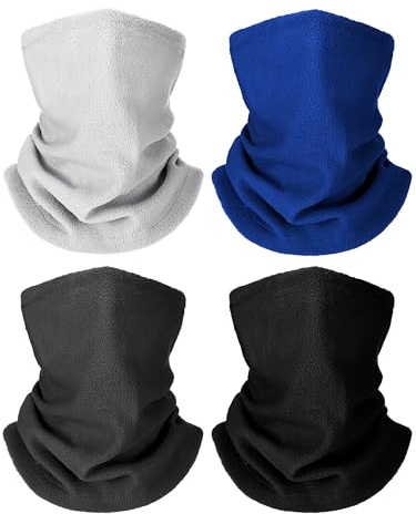 Geyoga 4 Pcs Kids Neck Warmer Toddler Fleece Neck Gaiter Adjustable Winter Scarf Ski Mask for Boys and Girls(Gray, Royal Blue, Black,Ages 5-10)