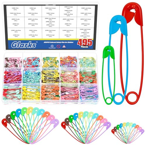 Glarks 495pcs 19/28/32mm Multicolored Sharp Edge Safety Pin Kit, 11 Colors Metal Safety Pins, Heavy Duty Safety Pins Bulk, Fastening Safety Pin Clips for Clothes Tags, Crafting