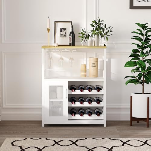 OPULENTHOME - Armario de botellas para 12 botellas, 70 x 35 x 92 cm, armario de vino, ajustable y portavidrio, aparador de granja y bar para casa, color blanco