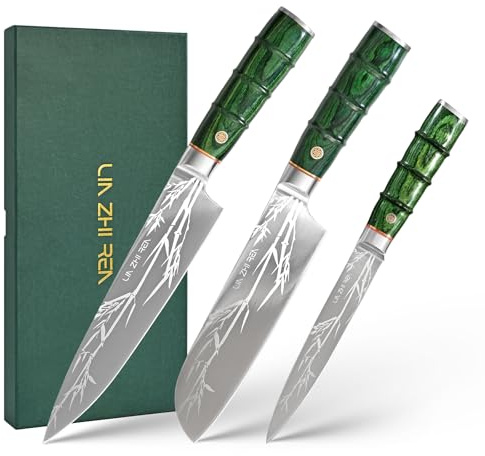 LIN ZHI REN 3-teiliges Küchenmesserset – Profi Edelstahl Messer Set mit Kochmesser, Universalmesser & Schälmesser, Extrem Scharf, Rutschfester Bambusgriff, Ideal zum Schneiden & Kochen