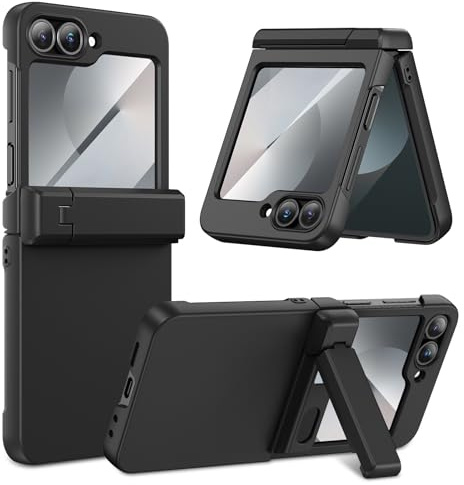 HWeggo Funda para Samsung Z Flip 7 FE/Z Flip 6 con Plegable Kickstand y Protector de Pantalla Frontal & Protección de Bisagras, Support Wireless Charging Shockproof Cover,Negro
