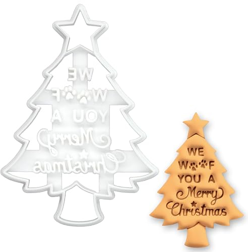 BAKERLOGY Christmas Tree “We Woof You a Merry Christmas” Cookie Cutter – Festive Dog Paw Biscuit Mold for Holiday Baking, Pet Treats & Fondant Decorations