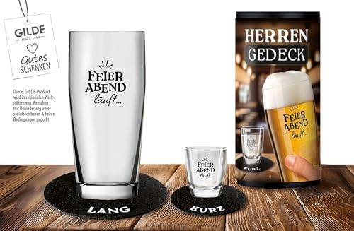 GILDE - 62527 - Herrengedeck, 4 teilig, Feierabend läuft, Bierglas, Schnapsglas, 2 Filz Untersetzer in einer Zylinderbox, Geschenkset