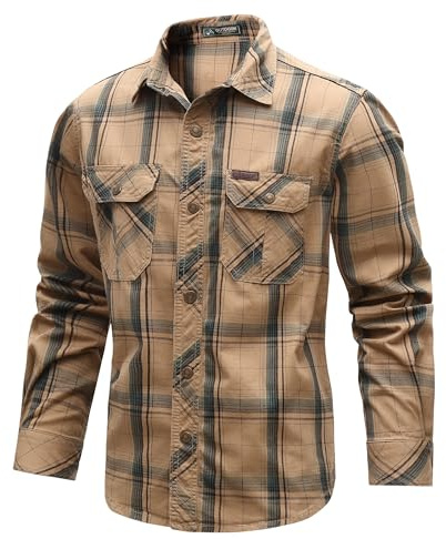 CoXuantion Camicia Uomo a Maniche Lunghe Casual Cotone Camicie Vintage Quadri Giacca Button Down Tops Morbida Workshirt con Taschino S,Kaki