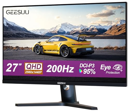 GEESUU 27 Inch Gaming Monitor, Computer Monitors 200Hz, QHD 1440p, IPS, 1ms, 95% DCI-P3, Eye-Care, Lowblue, HDMI 2.1 & DP 1.4