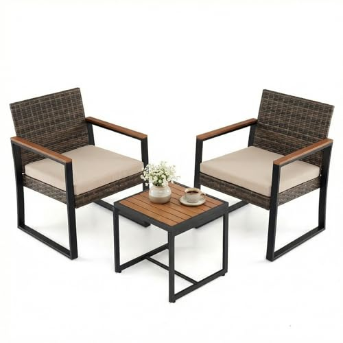 COSTWAY Balkongmöbelset, polyrattan trädgårdsmöbler set med 2 stolar, bord och kuddar, balkongmöbler för liten balkong, balkongset 2 personer, 3 delad sittgrupp utomhus för terrass och trädgård (beige